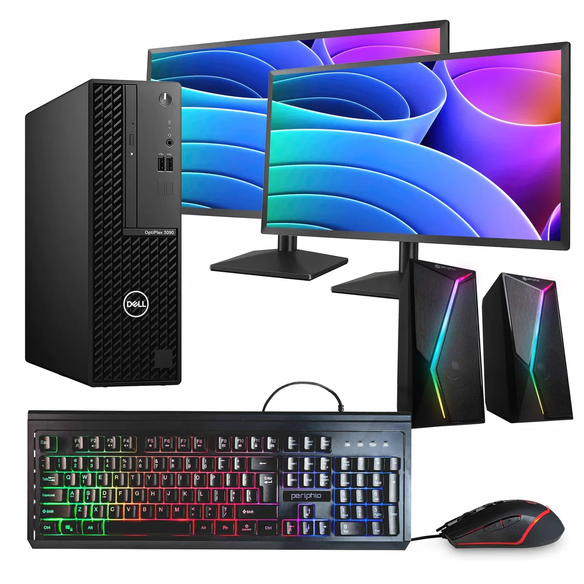 Black OptiPlex 3090 tower with dual 24 inch monitors, wired keyboard, mouse and RGB speakers
