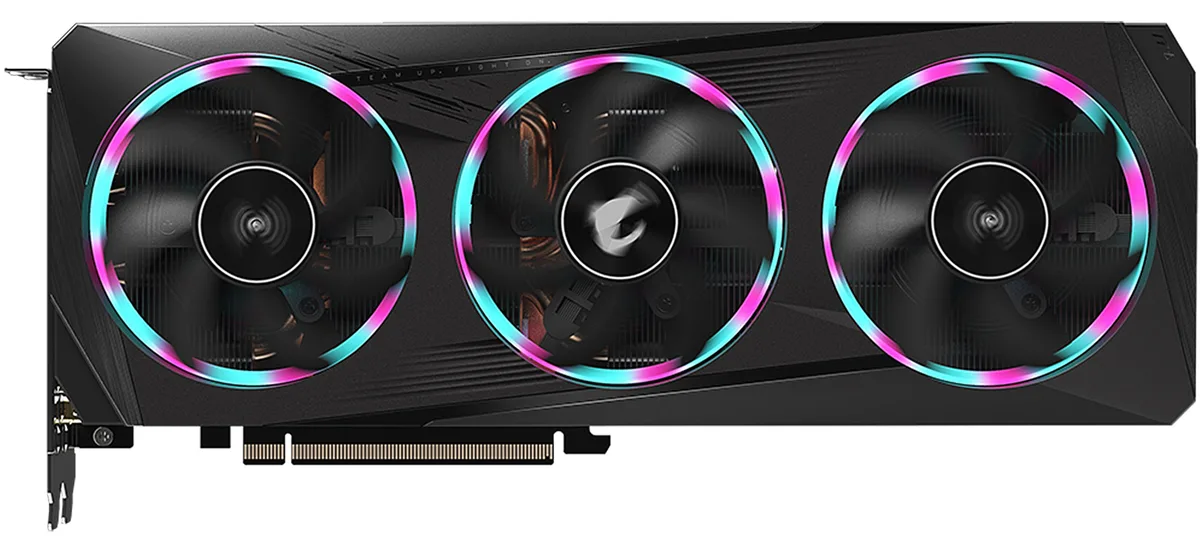 Triple-fan graphics card with metal backplate, black and silver finish