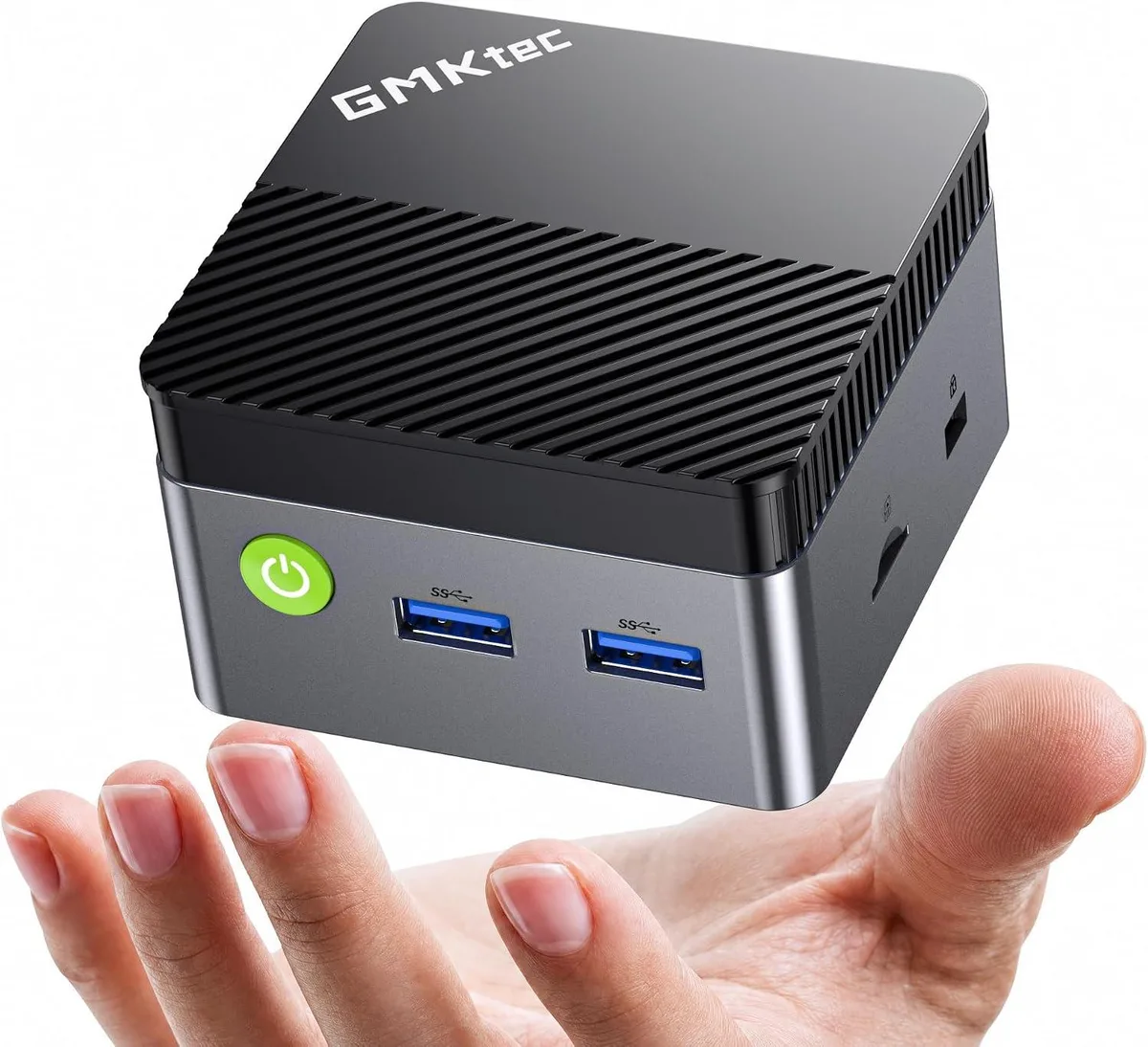 Black square mini PC, 72 mm sides, 1.75 inches thick