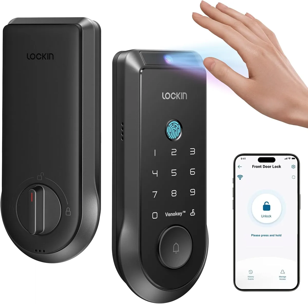 Lockin Lockin Veno Smart Door Lock Palm Vein Fingerprint 6 Ways WiFi Bluetooth Thread Black 7.4V 5000mAh — foto del prodotto