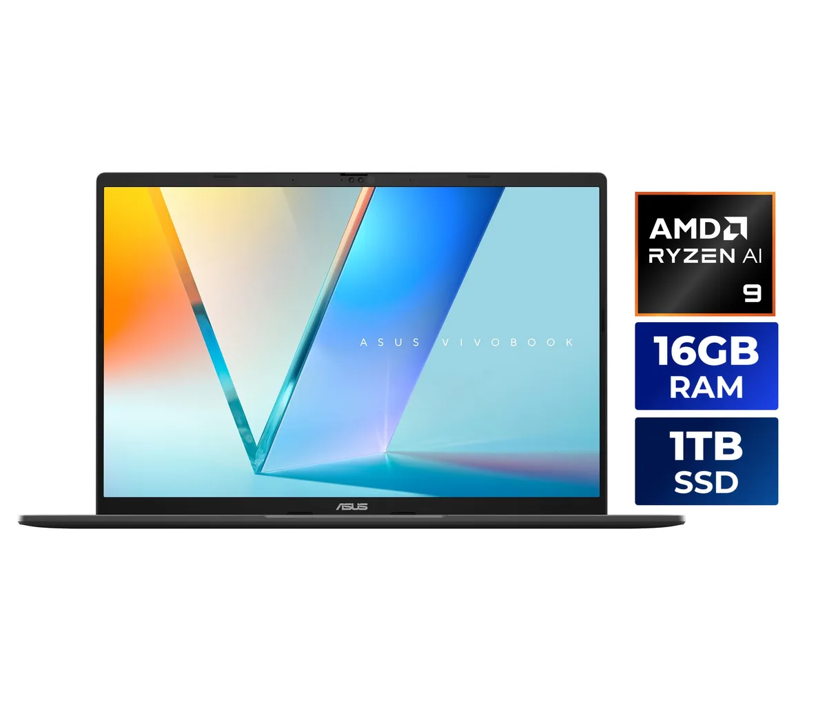 Matte gray VivoBook S16 laptop, 16 inch touchscreen display with narrow borders, backlit keyboard with numeric keypad