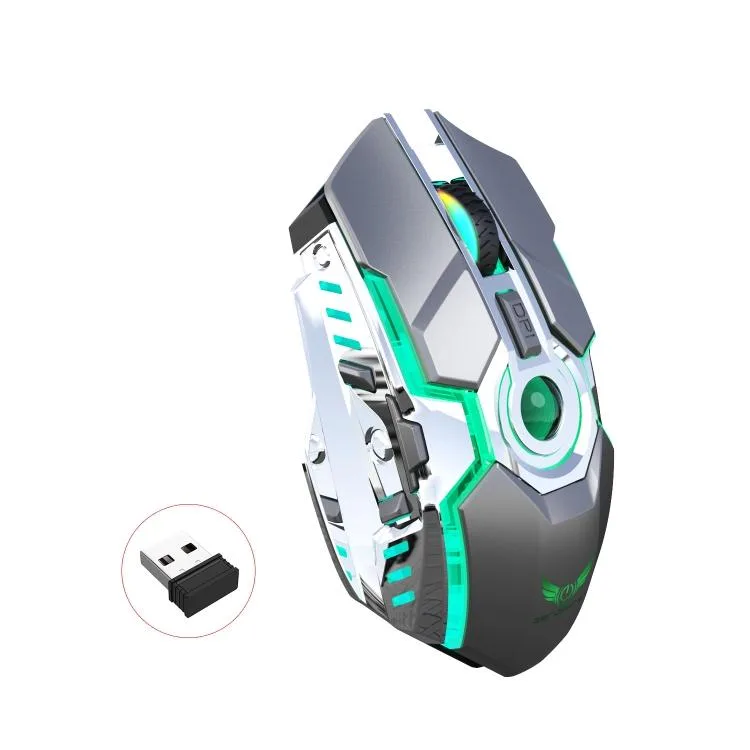 Grey wireless gaming mouse with RGB lighting, seven buttons, micro USB charging port, compact ergonomic shape