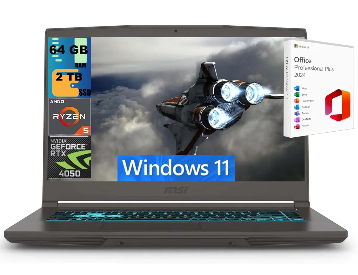Black MSI Thin 15 Raider laptop, 15.6 inch matte display, slim profile, backlit keyboard visible