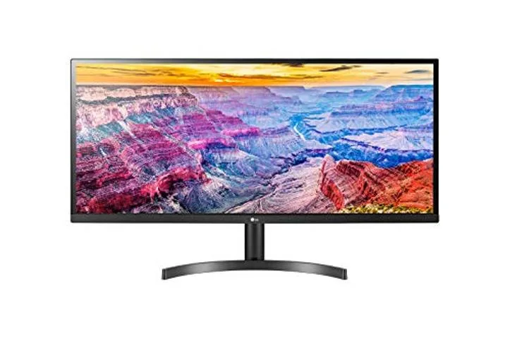 34 inch ultra-wide monitor with slim black bezel and stand
