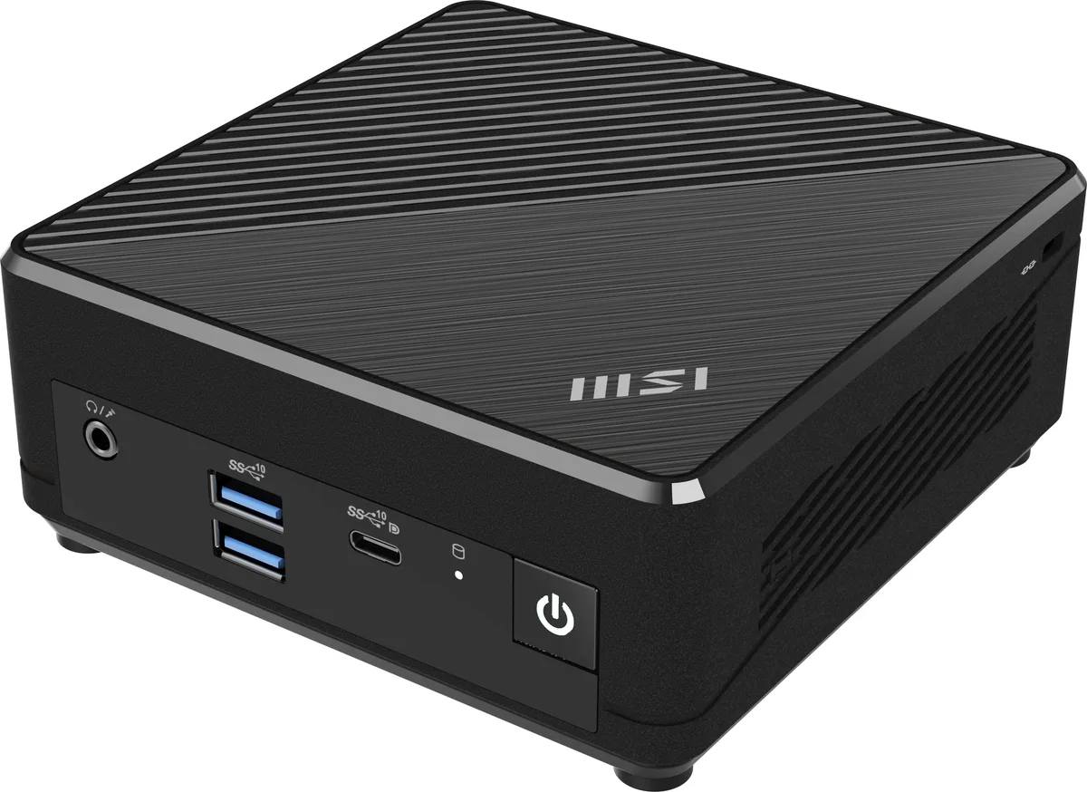 Small black mini PC cube 124 mm square 53.7 mm tall