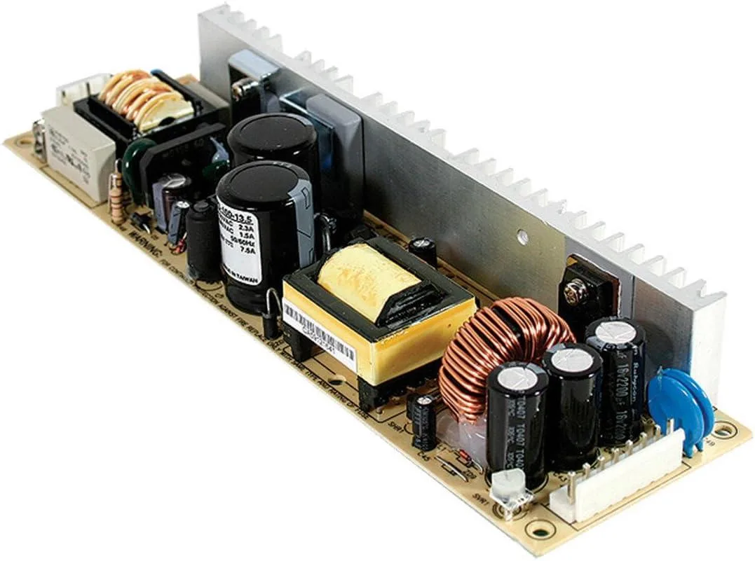 Rectangular metal power supply unit with ventilation slots