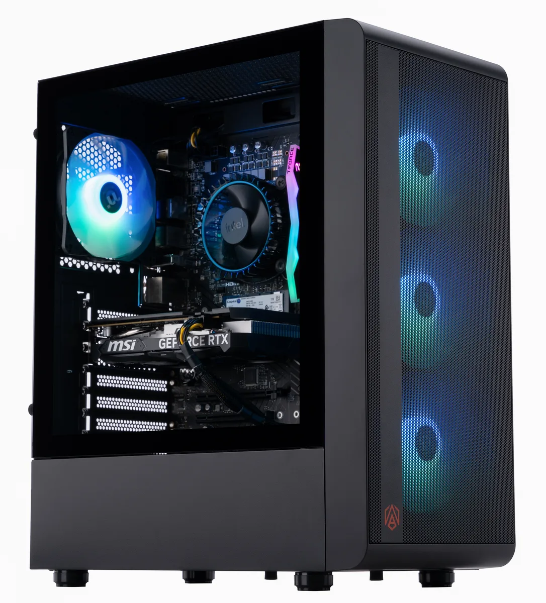 Black mid-tower gaming desktop with RGB memory visible through side panel