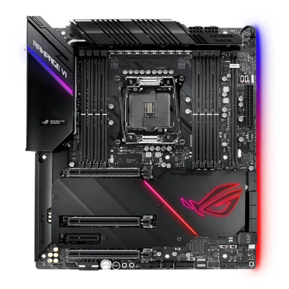 ATX motherboard dark finish metal heatsinks LGA 2066 socket DDR4 slots SATA ports