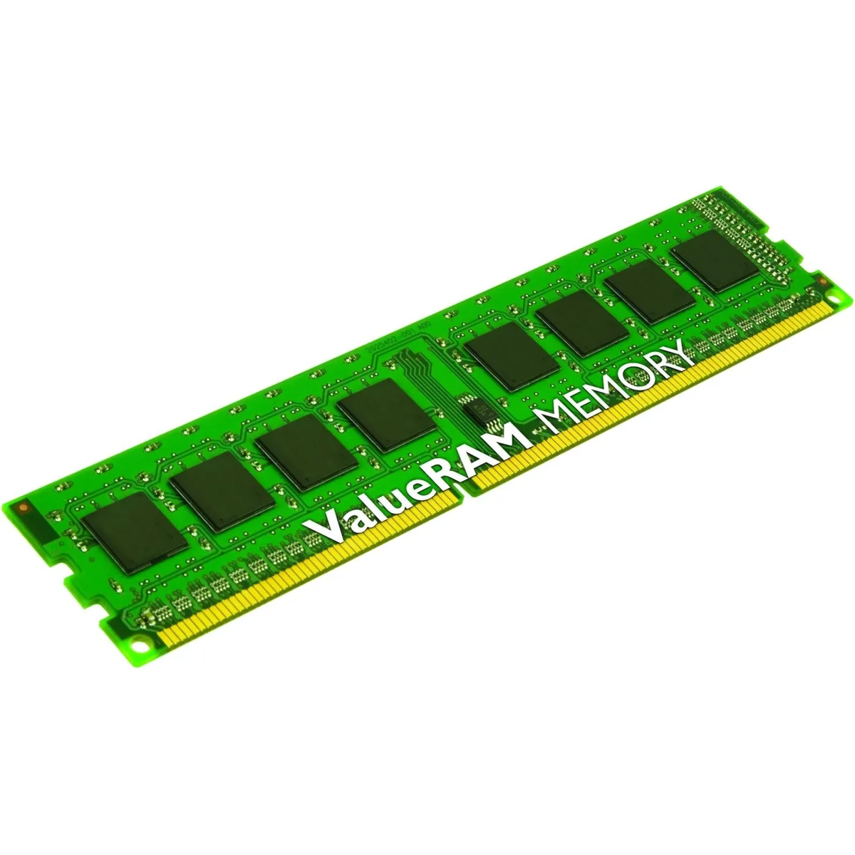 Green printed circuit board with 240 gold edge connectors and black memory chips