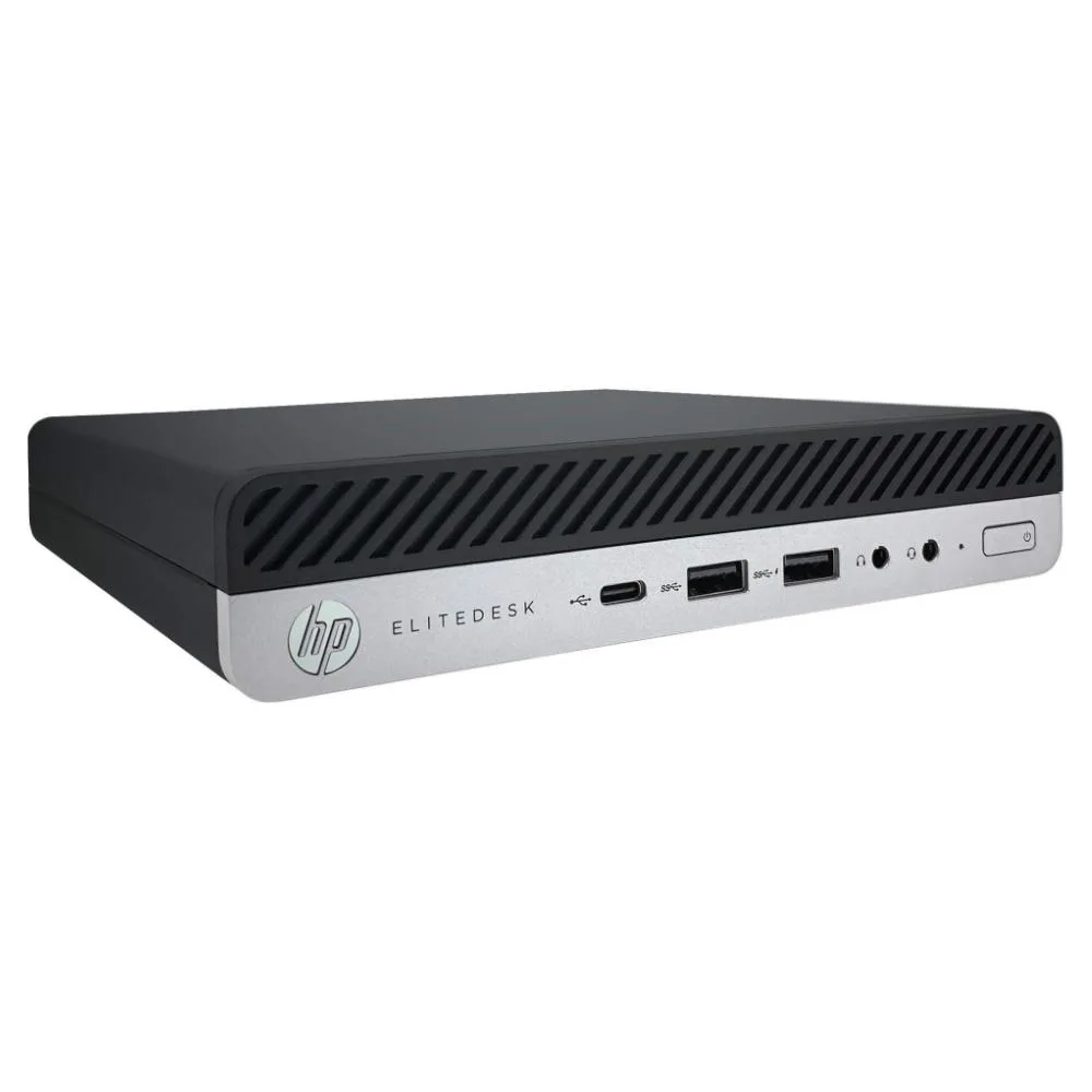 Compact black Mini PC, rectangular with rounded edges, matte finish, front USB ports visible