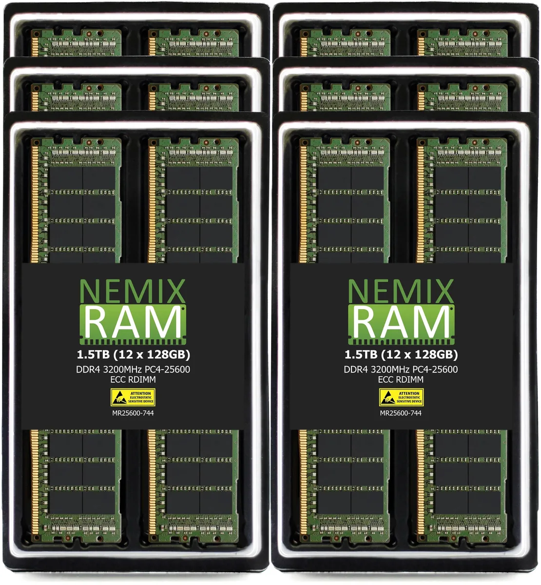 Twelve green DDR4 RDIMM modules in a row