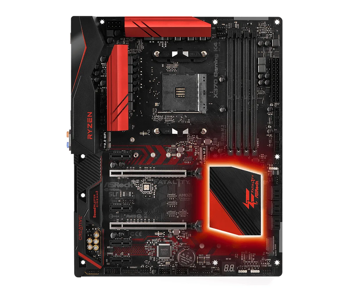 Black ATX motherboard with red accents and AM4 socket