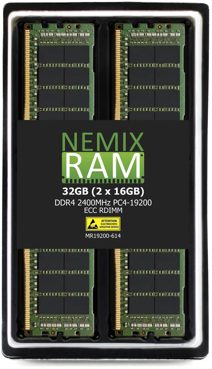 Two green DDR4 RDIMM sticks, bare chips, 288-pin, 32GB kit