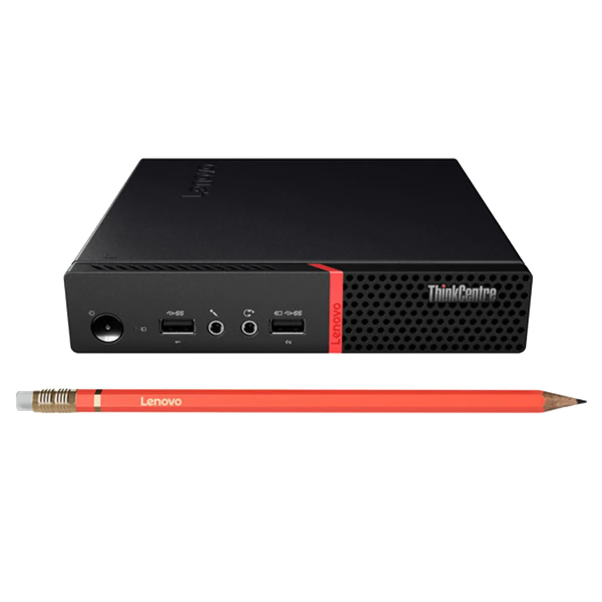 Small black Lenovo ThinkCentre M715q Tiny desktop with wireless keyboard and mouse