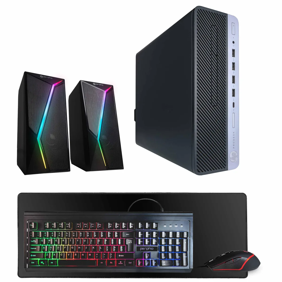 HP ProDesk 600 G5 black silver desktop tower with RGB speaker