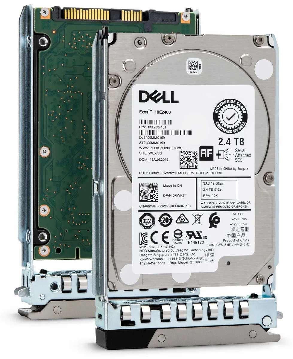 Silver 2.5 inch Dell SAS hard drive with green circuit board visible