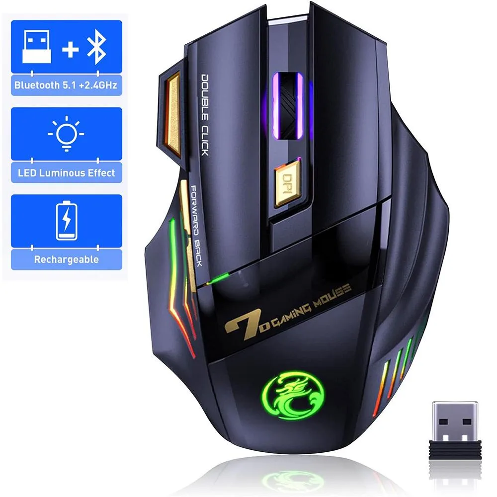 Black wireless gaming mouse with thumb rest and RGB lighting