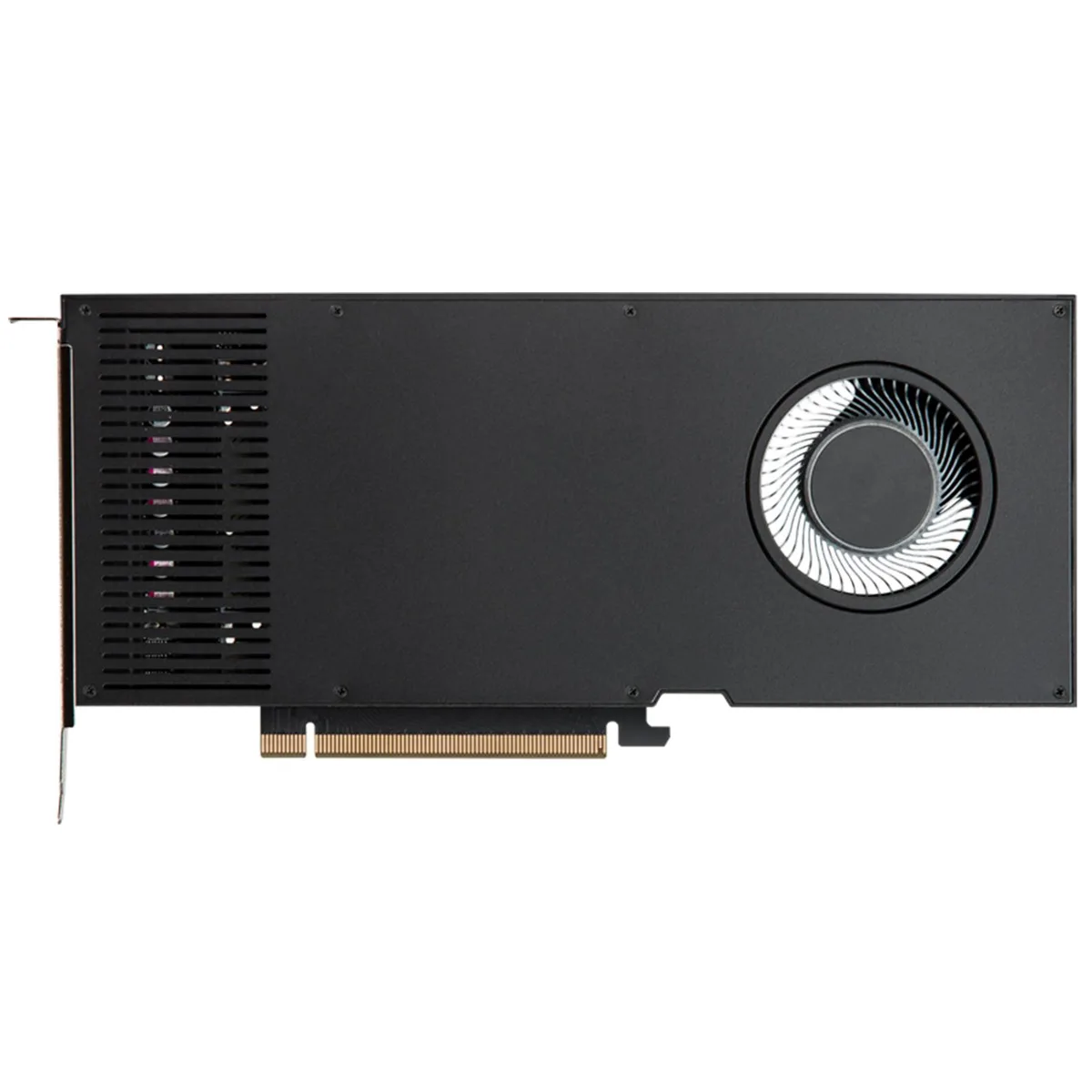 Single-slot graphics card, dark metal shroud, four DisplayPort outputs, compact rectangular shape