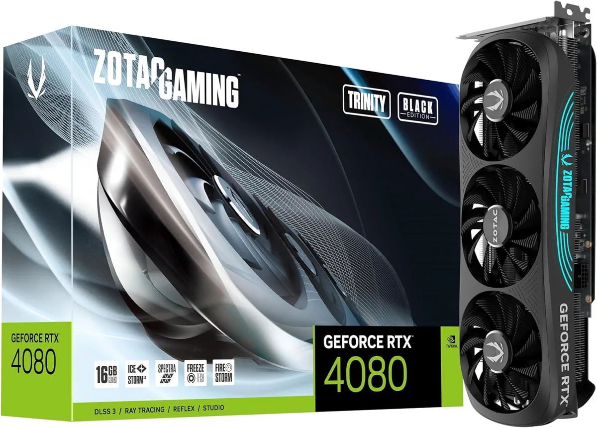 Black triple-fan graphics card with metal backplate, 2.5-slot design