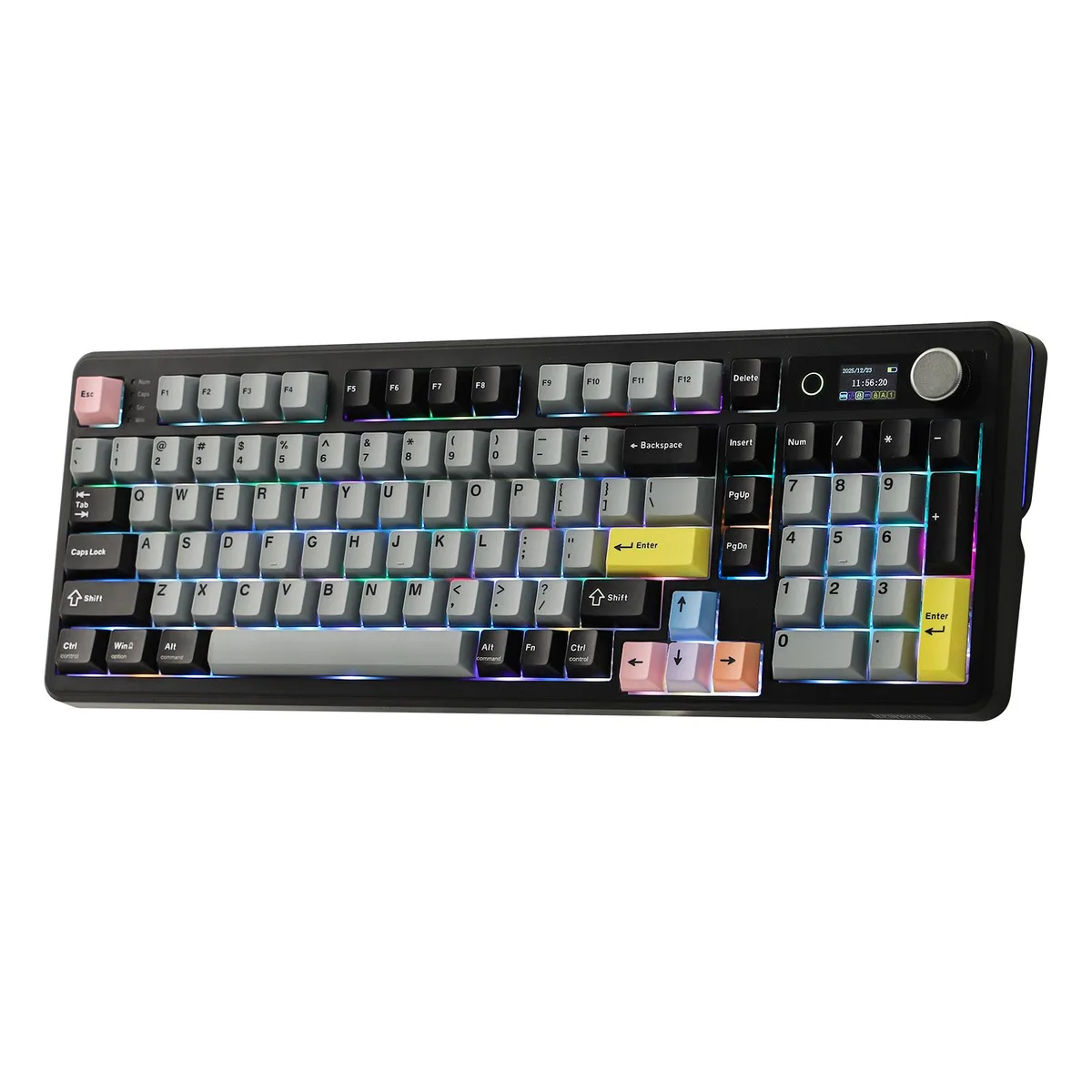Black 96% mechanical keyboard with volume knob and glass screen, PBT keycaps, gasket mount