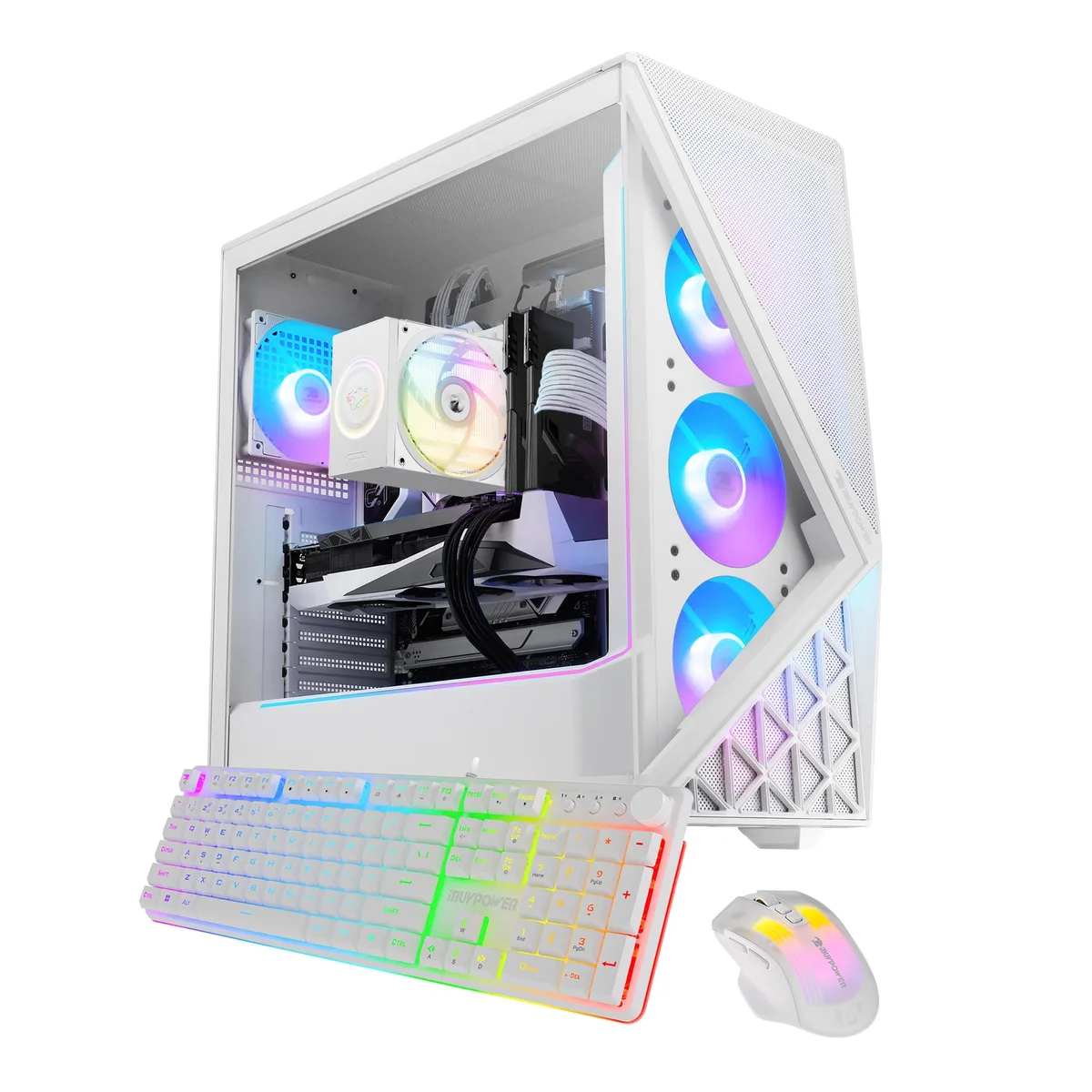White mid-tower gaming desktop with RGB lighting and glass side panel