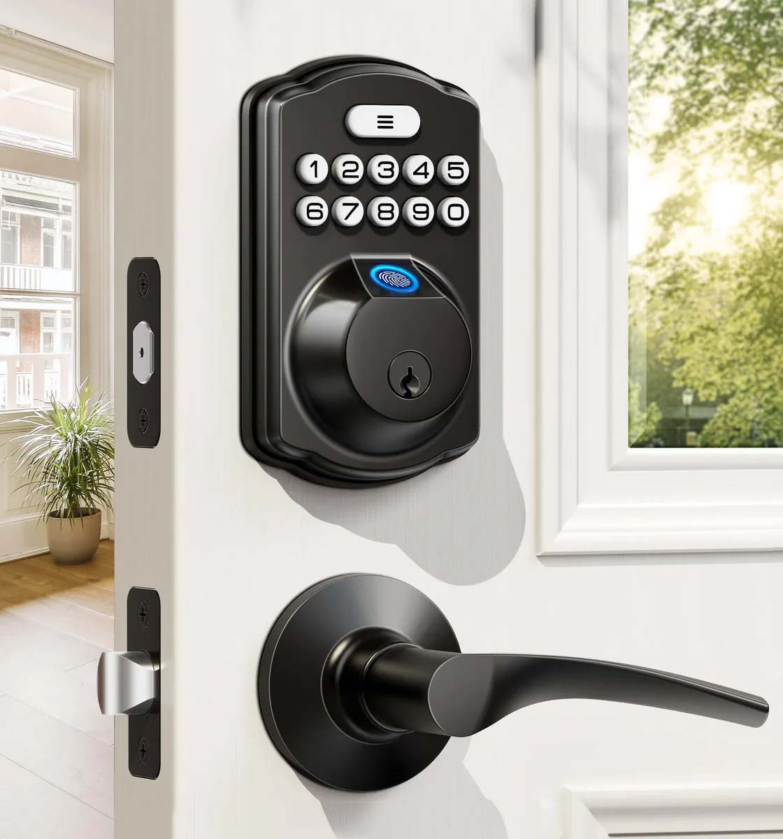 Meterk KS02B Fingerprint Door Lock 2 Lever Handles Matte Black 136x158x65mm — toote foto