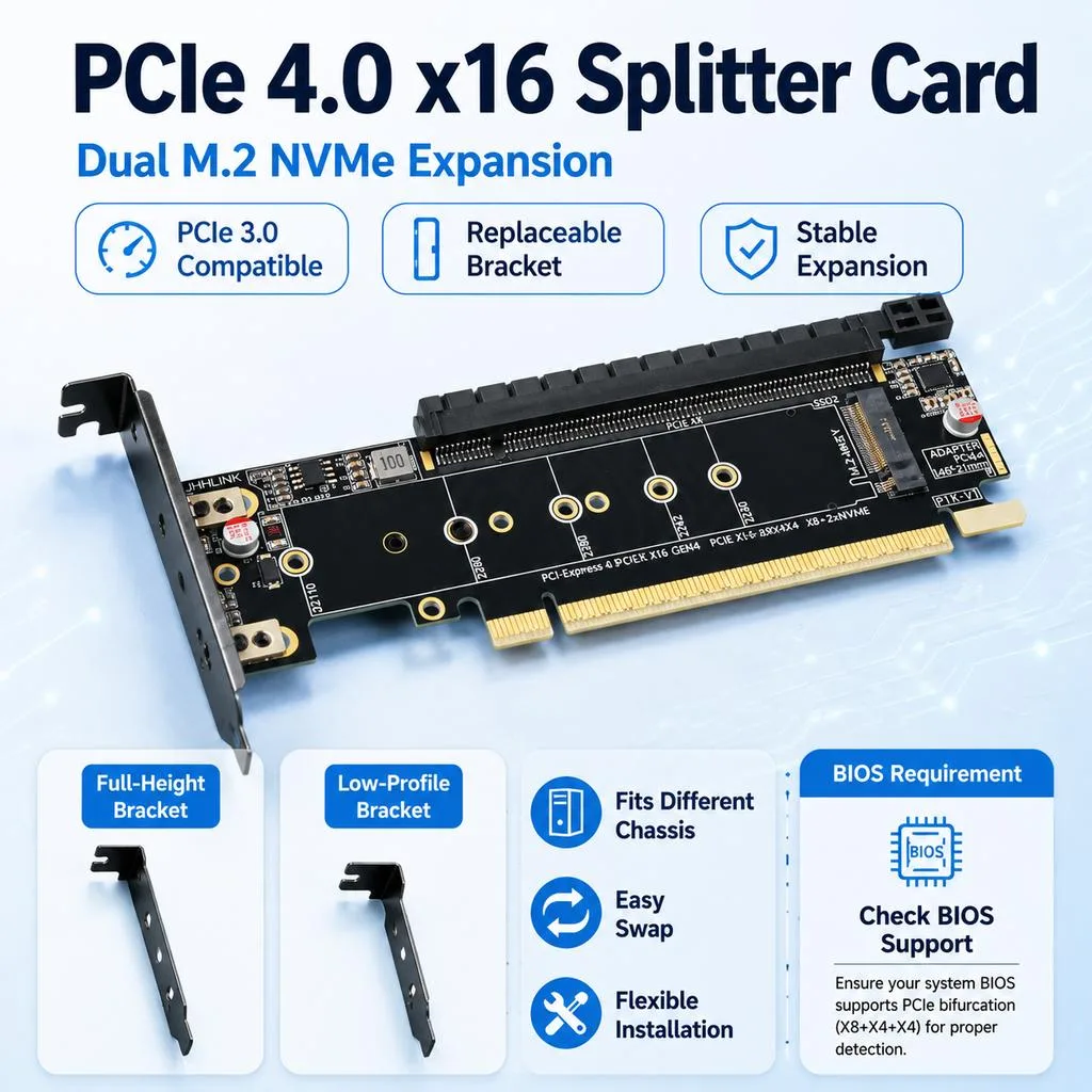 HOOCCC HOOCCC Dual M.2 NVMe PCIe 4.0 x16 Splitter Card x8 x4 x4 Hard Drive Adapter — תמונת המוצר