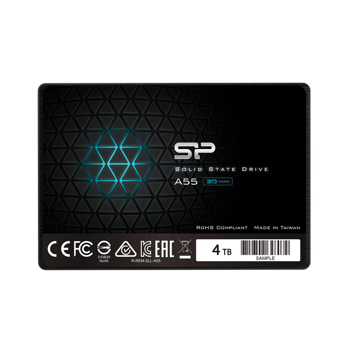 Rectangular 2.5 inch SATA SSD with black label and silver metal casing