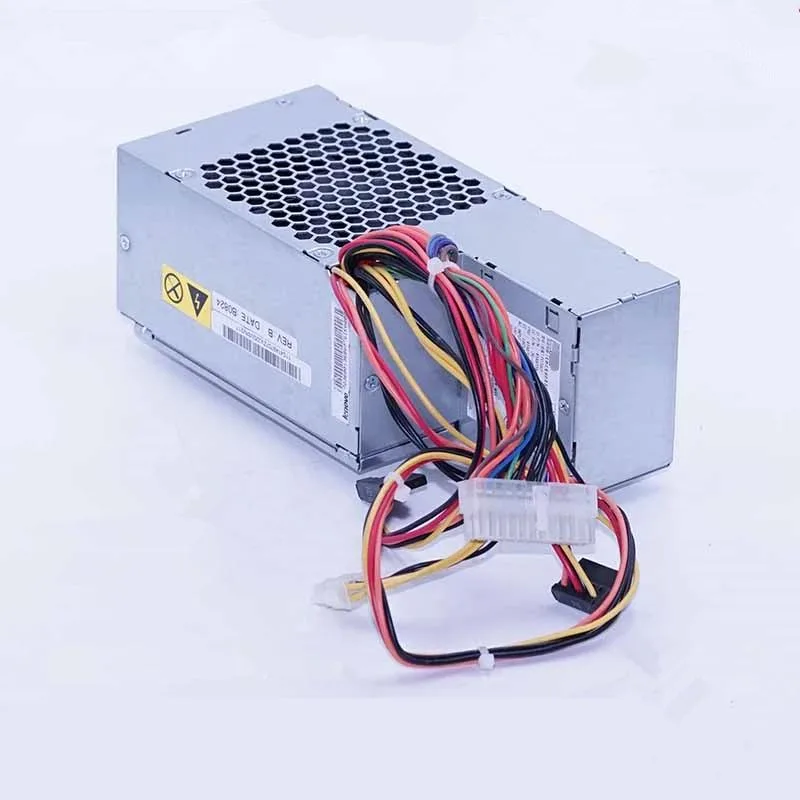 Rectangular black metal ATX power supply unit with fan grille and cable bundle