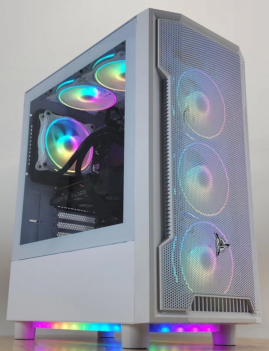 White mid-tower gaming desktop with glass side panel