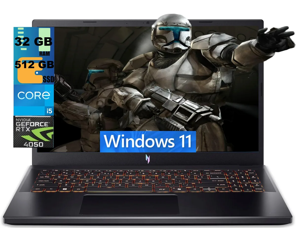 Black 15.6 inch gaming laptop with thin bezel display and backlit keyboard