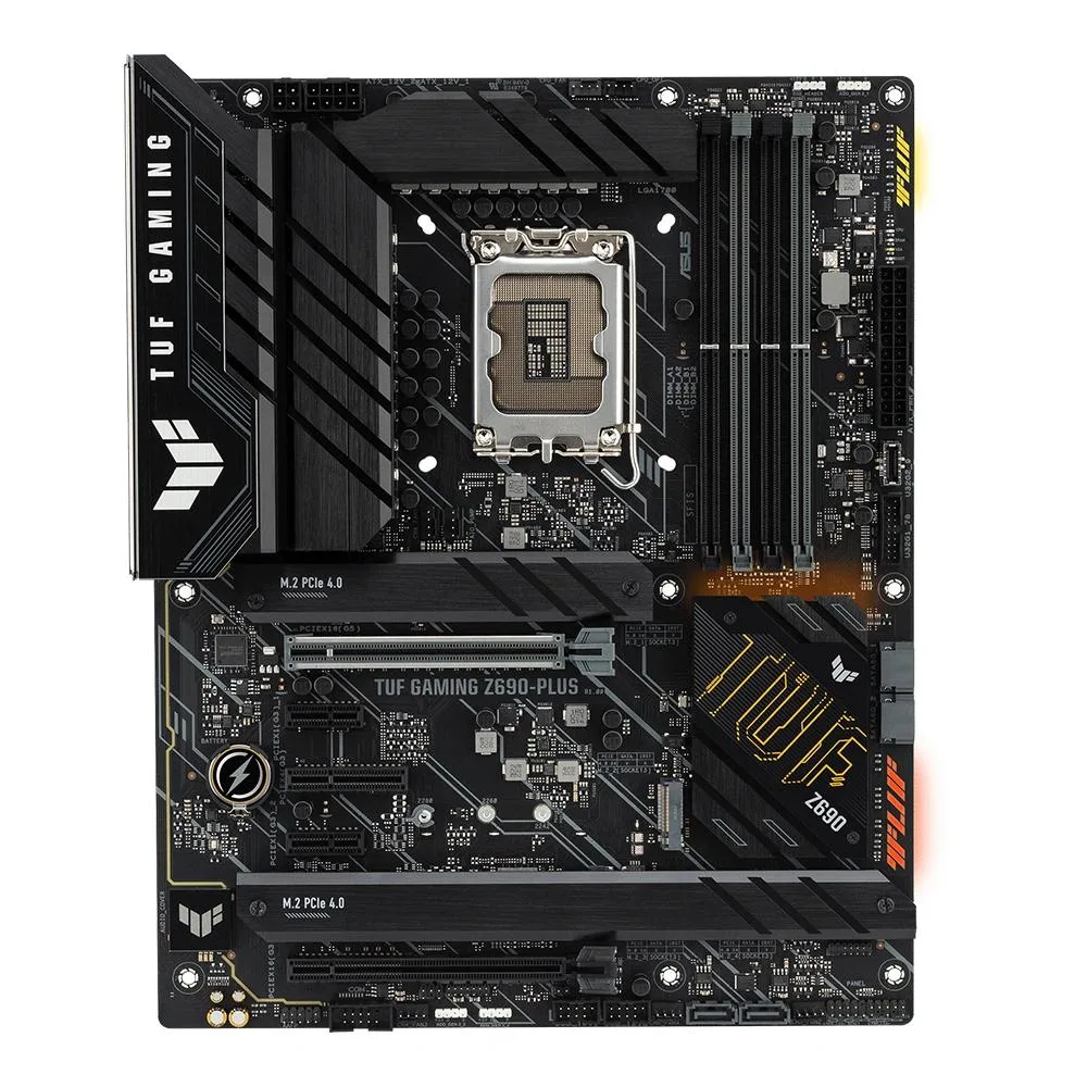 ATX motherboard with dark PCB and grey heatsinks
