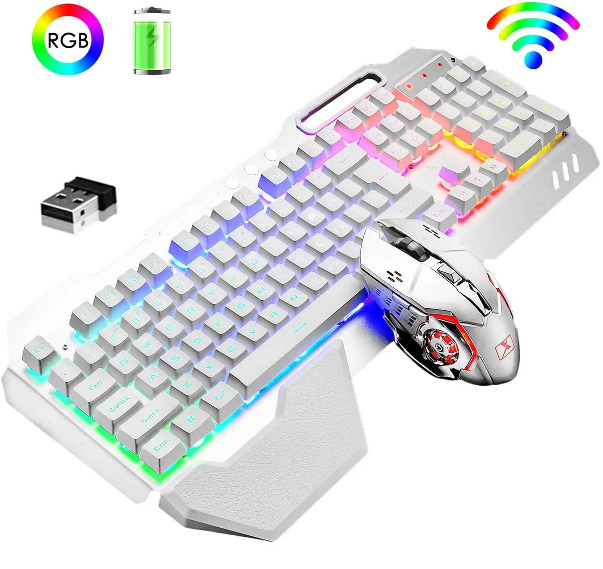 White wireless gaming keyboard with removable wrist rest and matching mouse, rainbow backlighting, metal panel finish