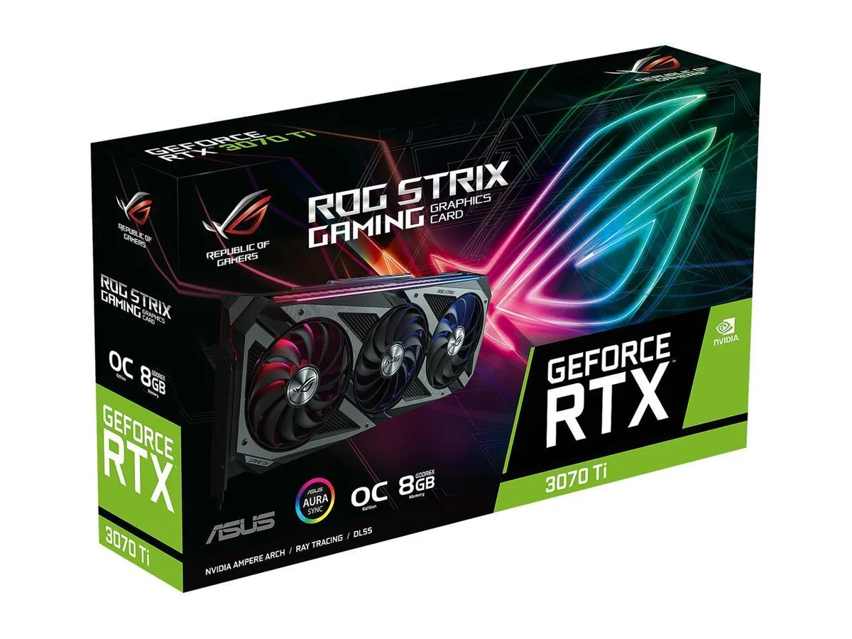 ASUS ROG Strix RTX 3070 Ti triple-fan graphics card in dark grey and black finish