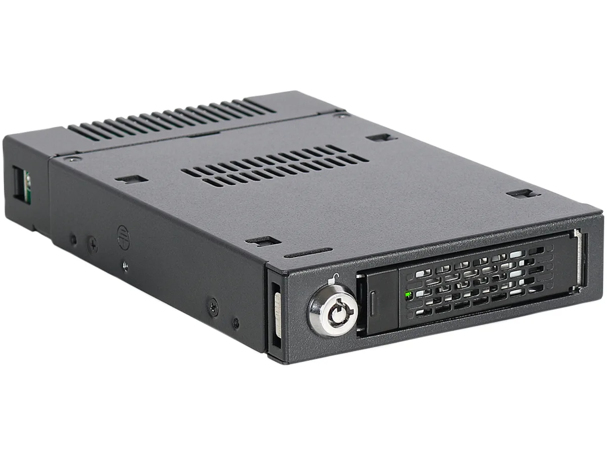 Black metal mobile rack for one M.2 NVMe SSD, fits 3.5 inch bay with U.2 connector