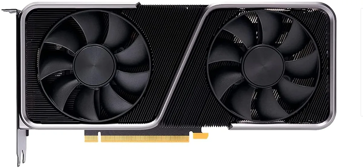 Silver dual-slot graphics card with dual axial fans and angular shroud
