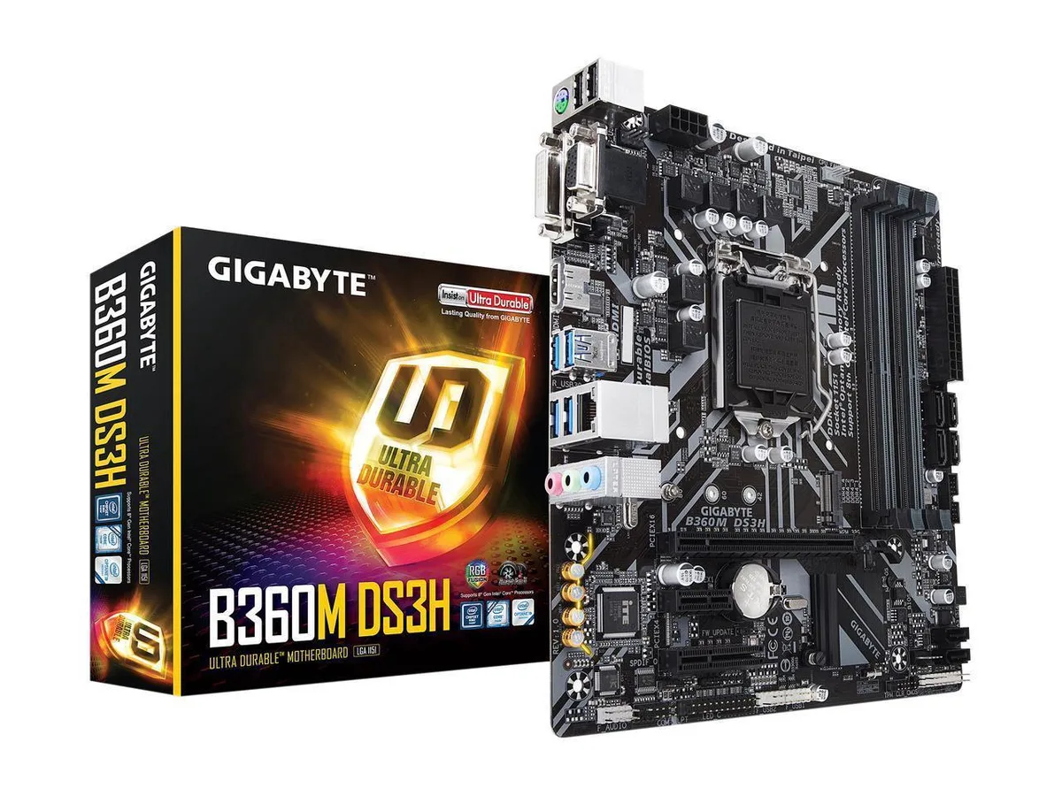 Micro ATX motherboard, dark PCB with silver sockets and blue expansion slots