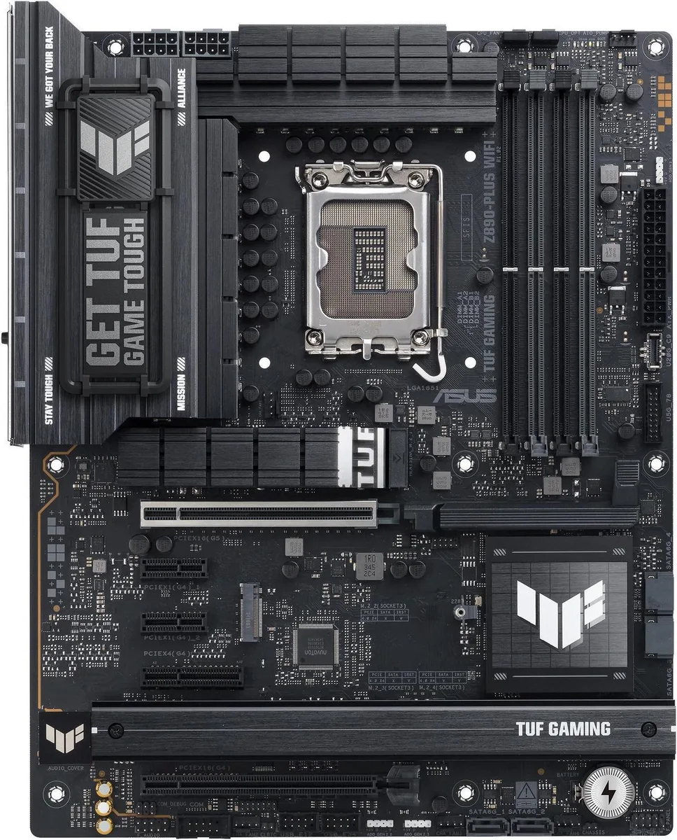ATX motherboard in dark finish with metal-reinforced slots and included I/O shield