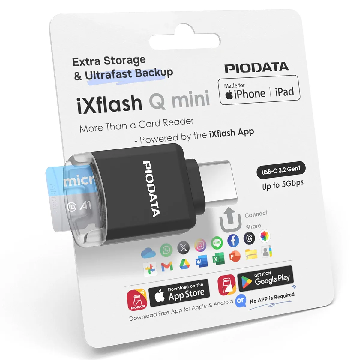 PIODATA PIODATA iXflash Q Mini USB 3.2 MicroSD Card Reader Black — 商品写真