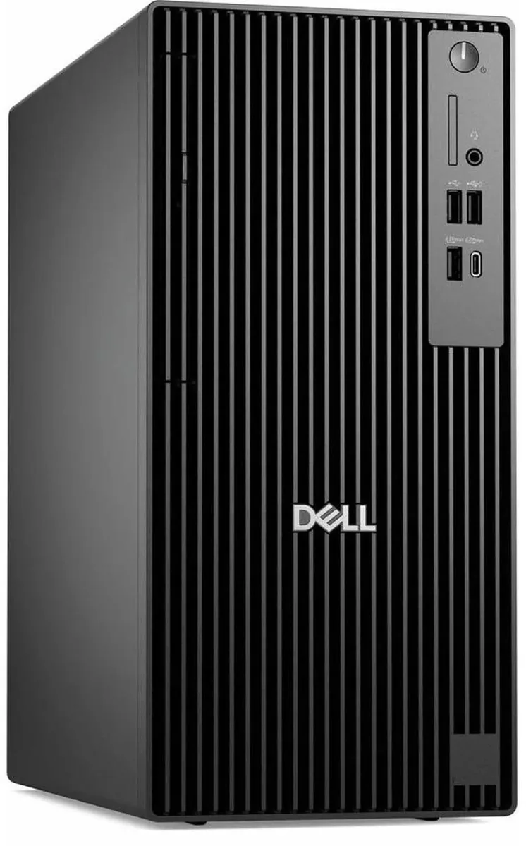 A black vertical tower desktop with DVD-RW slot and front ports