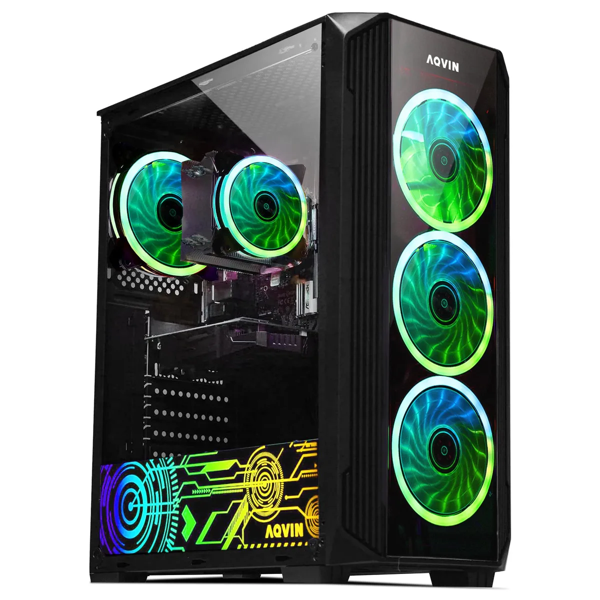 Black tower PC with side window, RGB keyboard and mouse
