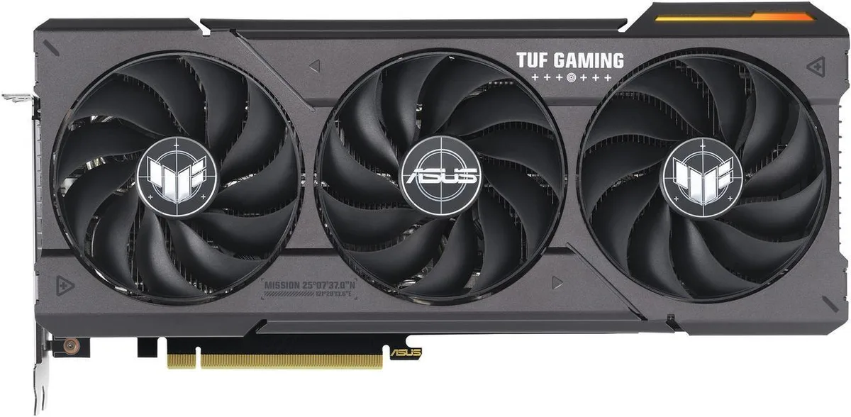 ASUS TUF Gaming RTX 4060 Ti graphics card with three axial-tech fans, vented metal backplate and dark gunmetal finish