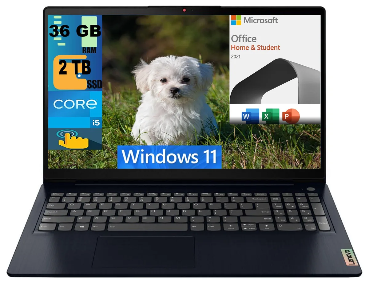 Blue 15.6 inch touchscreen laptop, slim profile, matte finish