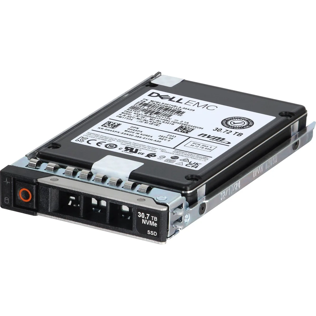 Silver 2.5 inch enterprise NVMe SSD with label showing 30.72TB capacity