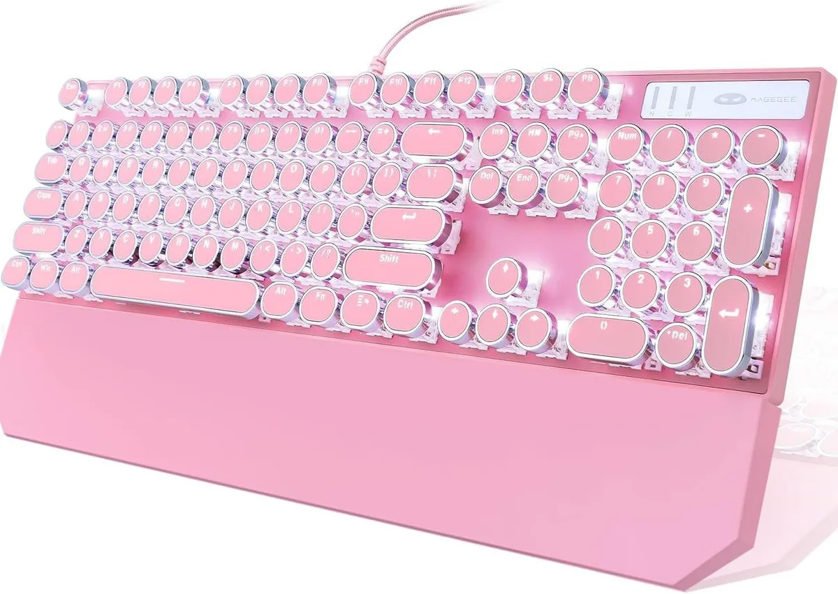 TUKO TUKO Pink Typewriter Mechanical Gaming Keyboard 104 Keys Blue Switch Wired Round Keycaps White Backlit — zdjęcie produktu