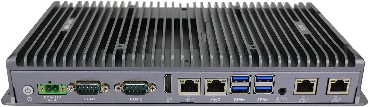 Compact fanless desktop in titanium-gray aluminum chassis