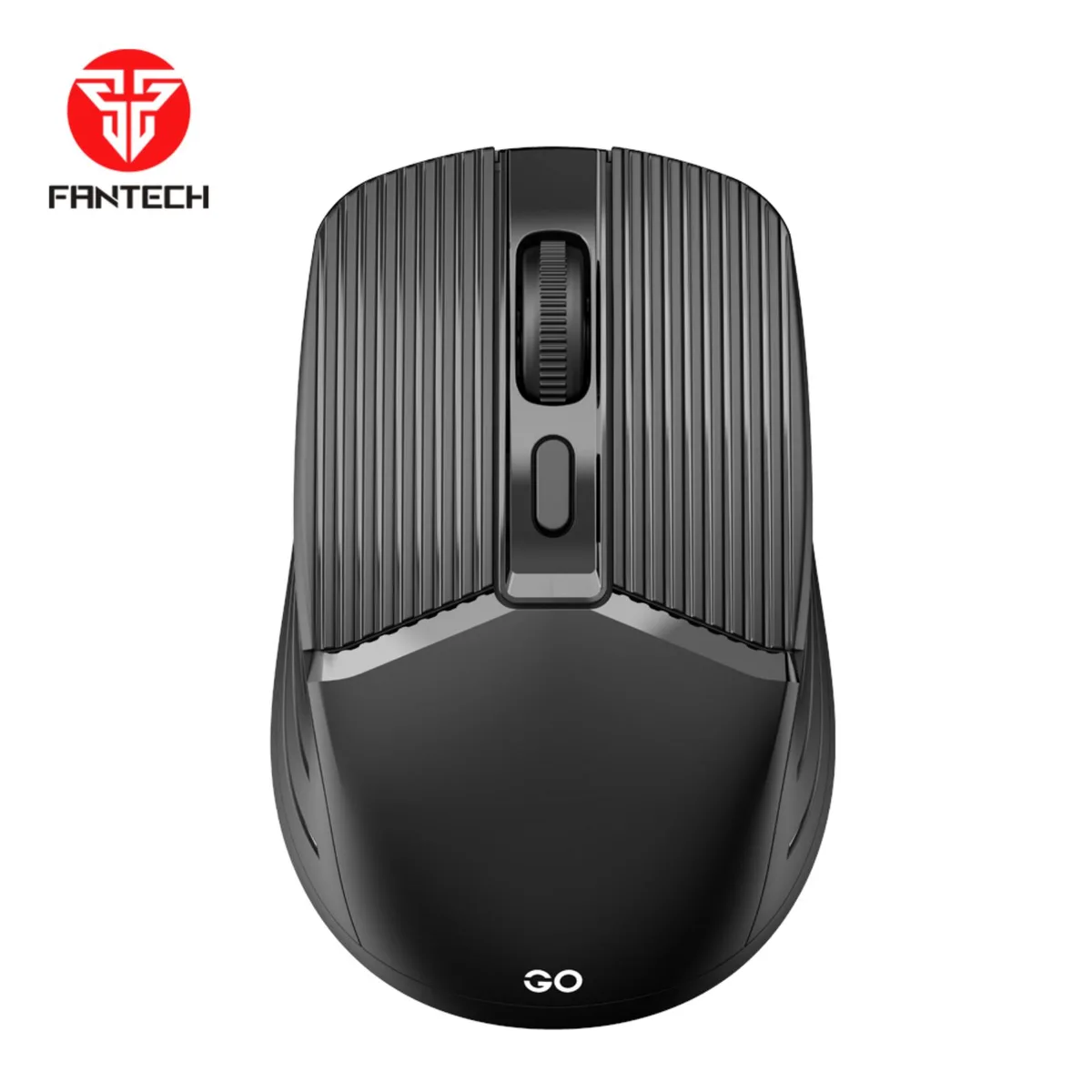 Black wireless gaming mouse with ergonomic ambidextrous shape and textured grips
