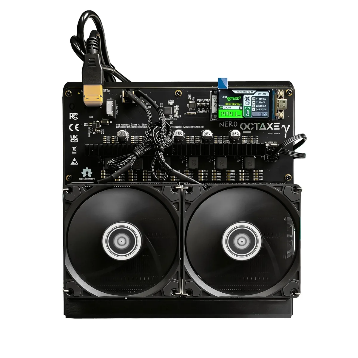 Compact boxy miner with matte finish four fans and WiFi antenna