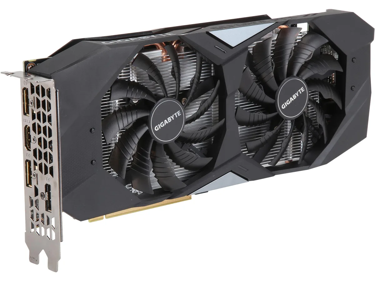 Dual-slot graphics card with black metal shroud and two axial fans