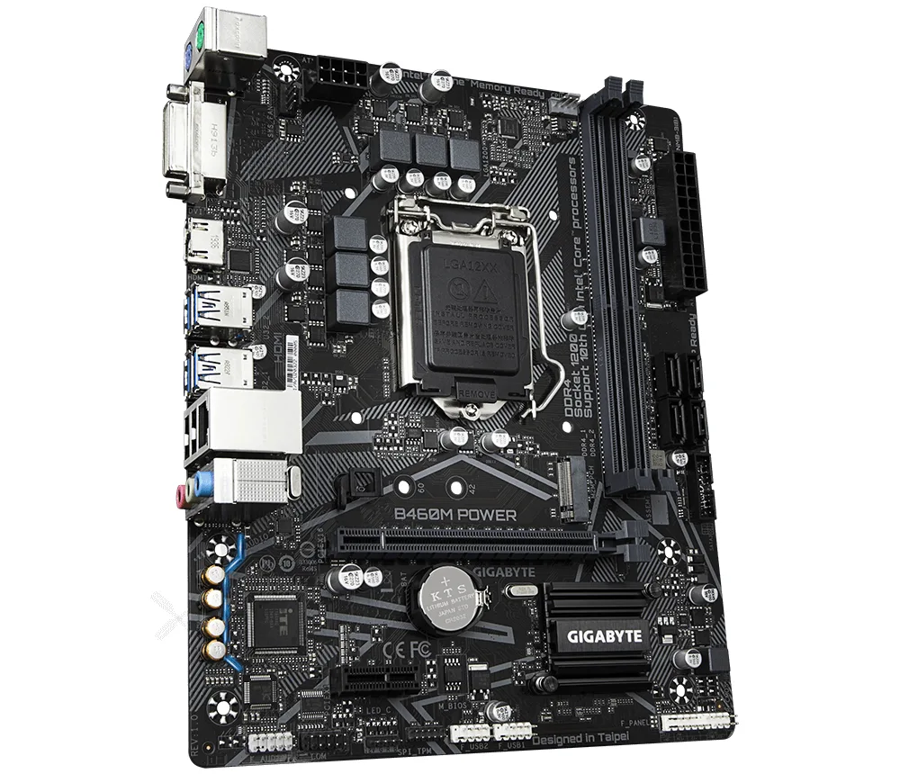 Micro-ATX motherboard, black PCB with grey heatsinks and reinforced slots